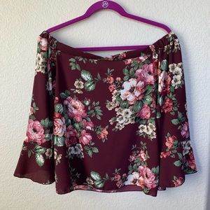 Burgundy Off Shoulder Floral Blouse Flare Sleeves
